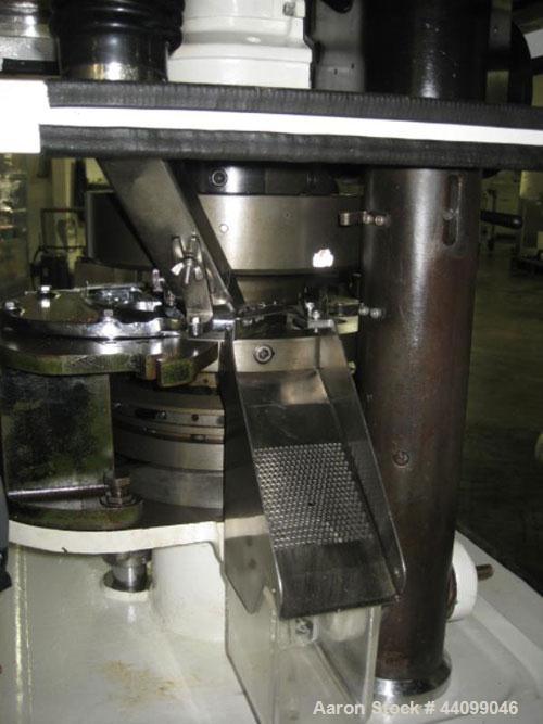 Used Manesty Beta Press Rotary Tablet Press, 16 station, keyed upper punch guide, single sided, provision for force feed with hopper, precompression, 6.5 ton total compression pressure, 5/8" maximum ...