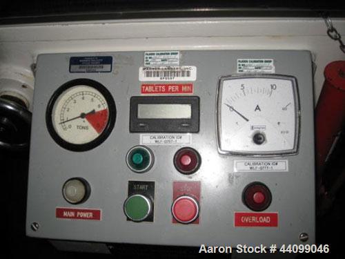 Used Manesty Beta Press Rotary Tablet Press, 16 station, keyed upper punch guide, single sided, provision for force feed with hopper, precompression, 6.5 ton total compression pressure, 5/8" maximum ...