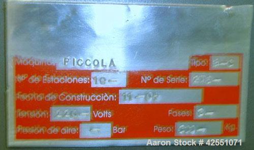 Used Riva Rotary Tablet Press, Model Piccola B-C, 10 Station, 50 Kn Compression Pressure. Keyed upper punch guides, 16 mm max tablet diameter, 19 mm max depth of fill, force feeder, rated up to 60,00...