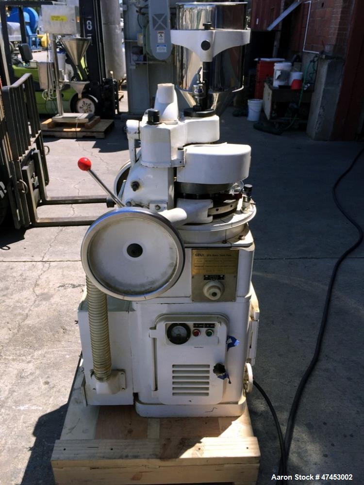 Used Noah (15) Station Rotary Tablet Press, Model ZP15. Maximum pressure 50KN, approximate production capacity 20,400 to 40,800 per hour. Maximum diameter of tablet 22mm, maximum depth of fill 20mm, ...