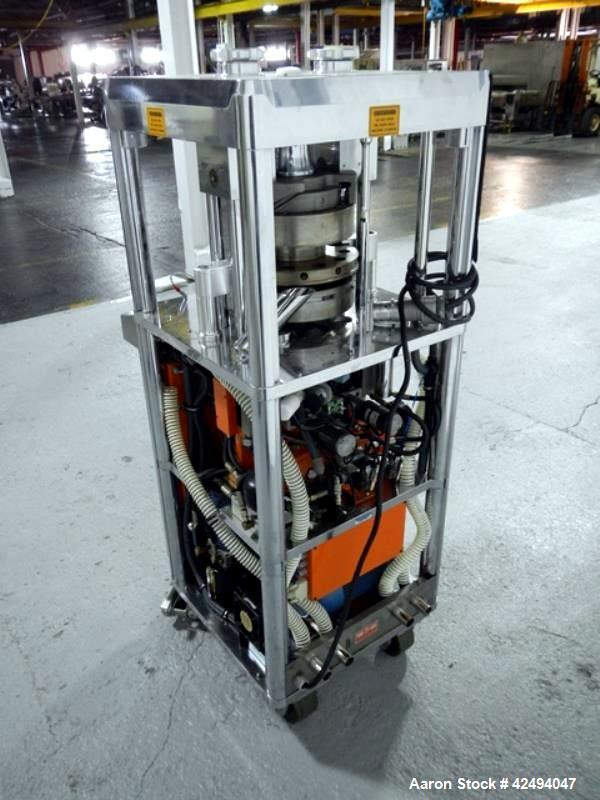 Used Riva Piccola Bi Layer rotary tablet press, model PI-BB-11, 11 station, 60 Kn main compression, 5 Kn precomprssion, keyed upper punch guide, force feeders on each layer, 16 mm max tablet diameter...