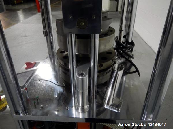 Used Riva Piccola Bi Layer rotary tablet press, model PI-BB-11, 11 station, 60 Kn main compression, 5 Kn precomprssion, keyed upper punch guide, force feeders on each layer, 16 mm max tablet diameter...
