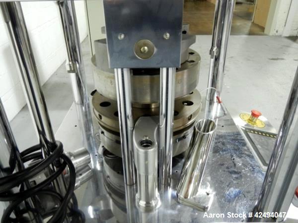 Used Riva Piccola Bi Layer rotary tablet press, model PI-BB-11, 11 station, 60 Kn main compression, 5 Kn precomprssion, keyed upper punch guide, force feeders on each layer, 16 mm max tablet diameter...