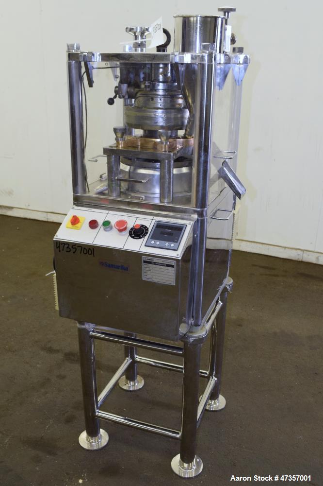 Used Cadmach 8 Station Rotary Tablet Press, Model SPE/TC08D, Approximate 6 Tons. 316 Stainless steel contact parts, set up for D tooling (no tooling), keyed upper punch guides, turret speed 5 to 32 r...