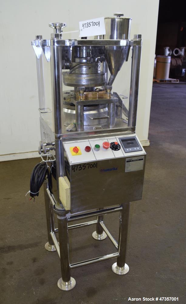 Used Cadmach 8 Station Rotary Tablet Press, Model SPE/TC08D, Approximate 6 Tons. 316 Stainless steel contact parts, set up for D tooling (no tooling), keyed upper punch guides, turret speed 5 to 32 r...