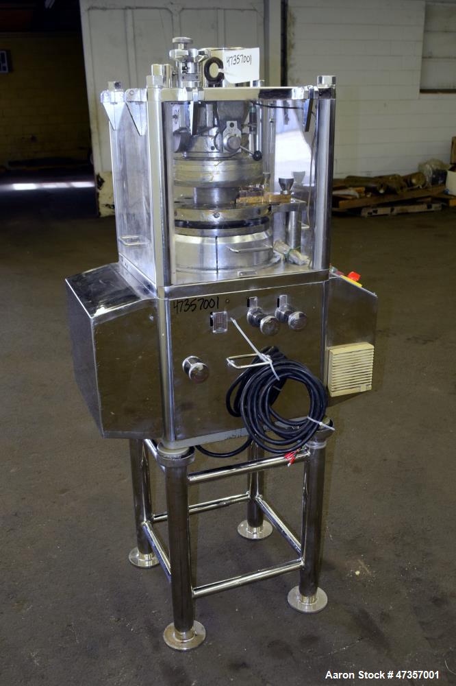 Used Cadmach 8 Station Rotary Tablet Press, Model SPE/TC08D, Approximate 6 Tons. 316 Stainless steel contact parts, set up for D tooling (no tooling), keyed upper punch guides, turret speed 5 to 32 r...