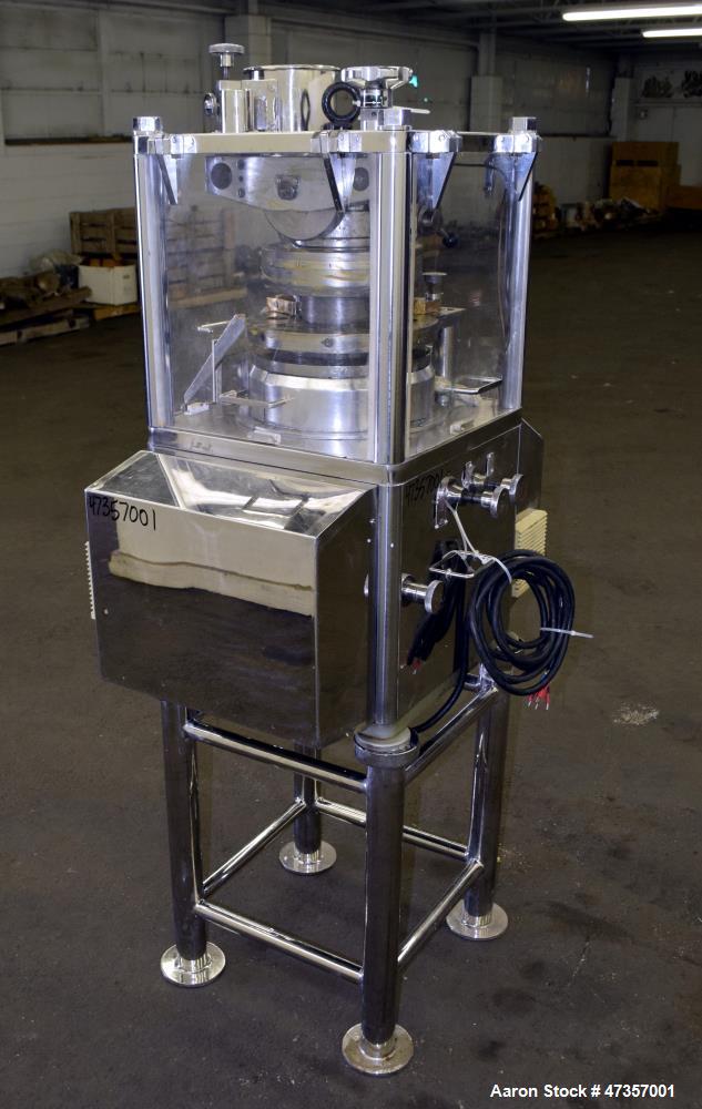 Used Cadmach 8 Station Rotary Tablet Press, Model SPE/TC08D, Approximate 6 Tons. 316 Stainless steel contact parts, set up for D tooling (no tooling), keyed upper punch guides, turret speed 5 to 32 r...
