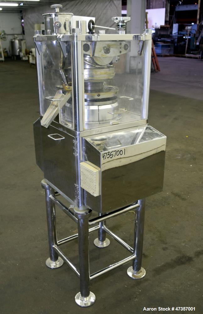Used Cadmach 8 Station Rotary Tablet Press, Model SPE/TC08D, Approximate 6 Tons. 316 Stainless steel contact parts, set up for D tooling (no tooling), keyed upper punch guides, turret speed 5 to 32 r...