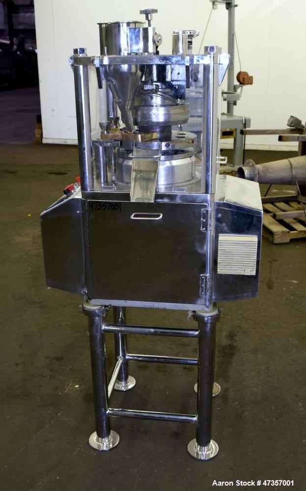 Used Cadmach 8 Station Rotary Tablet Press, Model SPE/TC08D, Approximate 6 Tons. 316 Stainless steel contact parts, set up for D tooling (no tooling), keyed upper punch guides, turret speed 5 to 32 r...