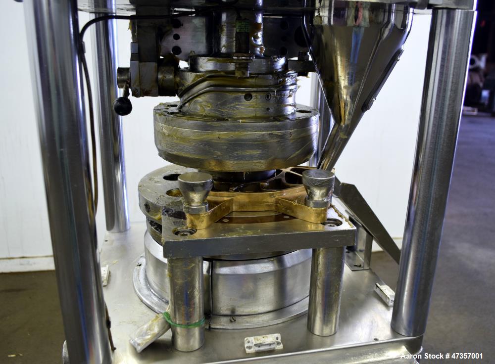 Used Cadmach 8 Station Rotary Tablet Press, Model SPE/TC08D, Approximate 6 Tons. 316 Stainless steel contact parts, set up for D tooling (no tooling), keyed upper punch guides, turret speed 5 to 32 r...