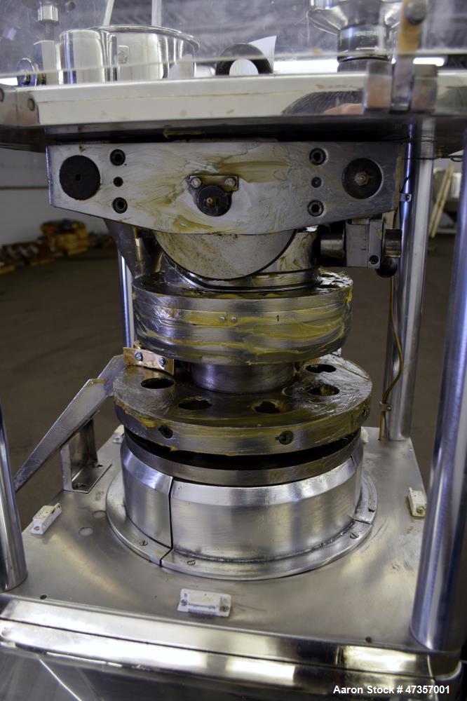 Used Cadmach 8 Station Rotary Tablet Press, Model SPE/TC08D, Approximate 6 Tons. 316 Stainless steel contact parts, set up for D tooling (no tooling), keyed upper punch guides, turret speed 5 to 32 r...
