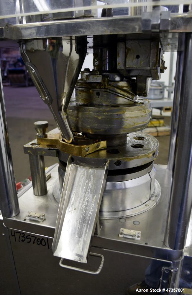 Used Cadmach 8 Station Rotary Tablet Press, Model SPE/TC08D, Approximate 6 Tons. 316 Stainless steel contact parts, set up for D tooling (no tooling), keyed upper punch guides, turret speed 5 to 32 r...