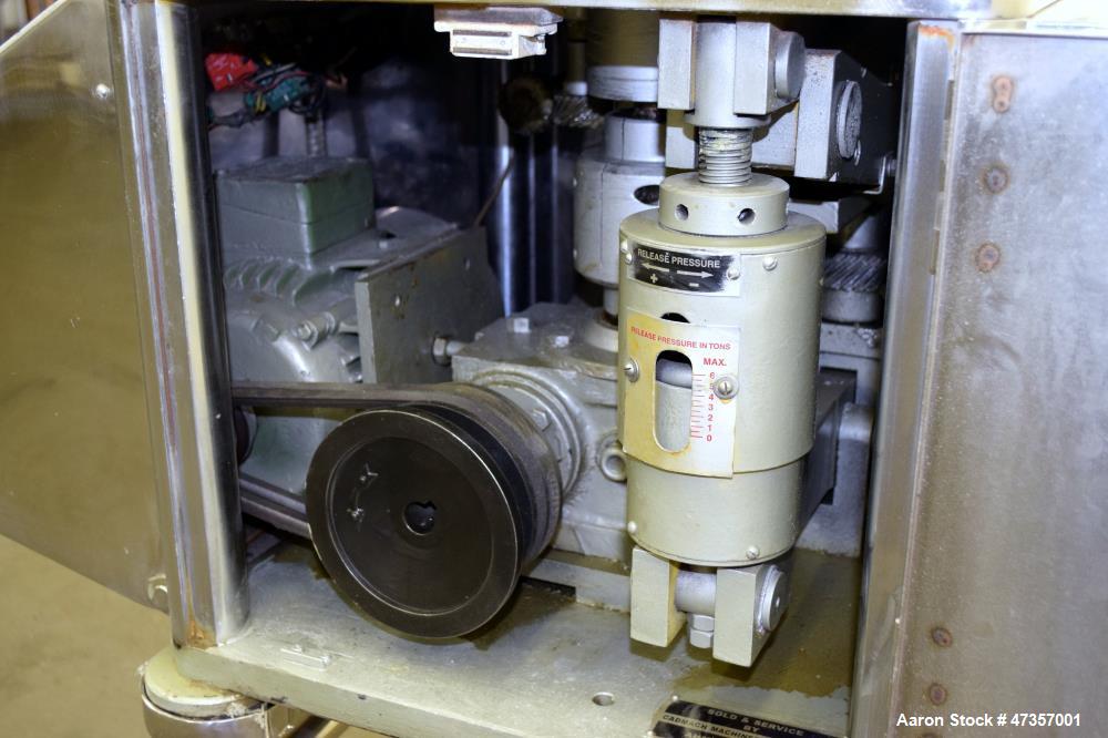 Used Cadmach 8 Station Rotary Tablet Press, Model SPE/TC08D, Approximate 6 Tons. 316 Stainless steel contact parts, set up for D tooling (no tooling), keyed upper punch guides, turret speed 5 to 32 r...
