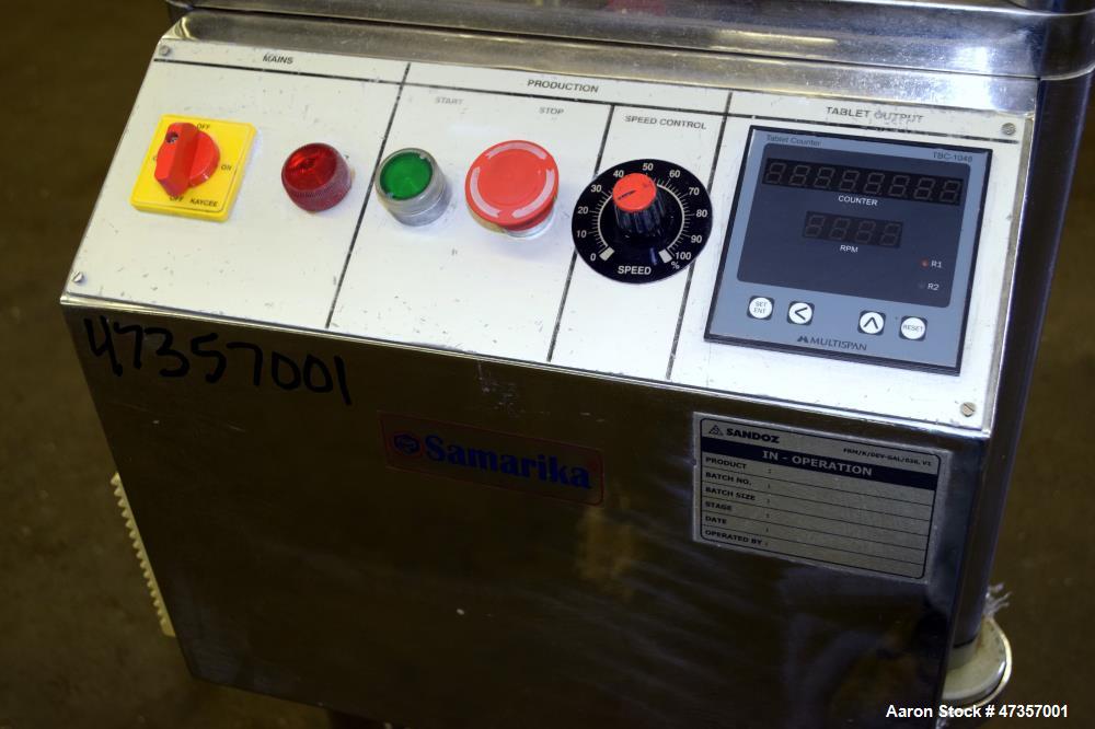 Used Cadmach 8 Station Rotary Tablet Press, Model SPE/TC08D, Approximate 6 Tons. 316 Stainless steel contact parts, set up for D tooling (no tooling), keyed upper punch guides, turret speed 5 to 32 r...