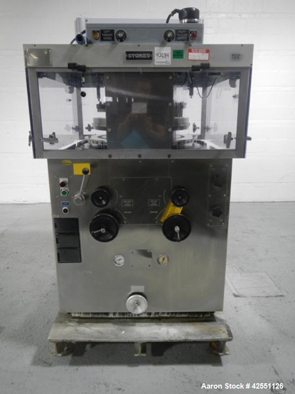 Used Stokes rotary tablet press, model 754, 45 station, 10 ton compression pressure, dual sided, keyed upper punch guides, 3/4" max tablet diameter, 11/16" max depth of fill, force feeders with drive...