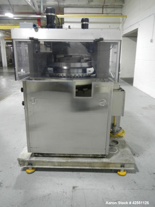 Used Stokes rotary tablet press, model 754, 45 station, 10 ton compression pressure, dual sided, keyed upper punch guides, 3/4" max tablet diameter, 11/16" max depth of fill, force feeders with drive...