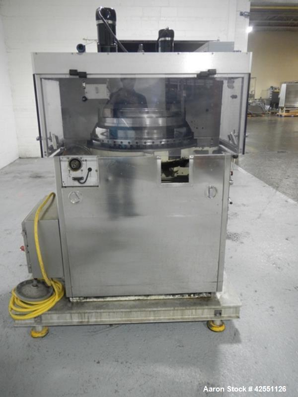 Used Stokes rotary tablet press, model 754, 45 station, 10 ton compression pressure, dual sided, keyed upper punch guides, 3/4" max tablet diameter, 11/16" max depth of fill, force feeders with drive...