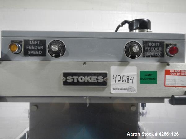 Used Stokes rotary tablet press, model 754, 45 station, 10 ton compression pressure, dual sided, keyed upper punch guides, 3/4" max tablet diameter, 11/16" max depth of fill, force feeders with drive...