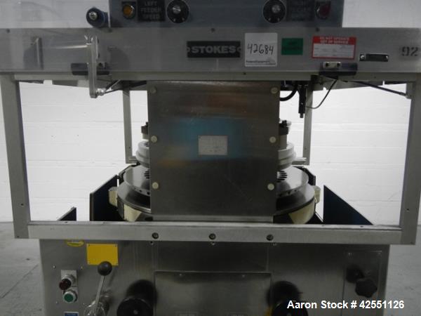 Used Stokes rotary tablet press, model 754, 45 station, 10 ton compression pressure, dual sided, keyed upper punch guides, 3/4" max tablet diameter, 11/16" max depth of fill, force feeders with drive...