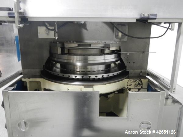 Used Stokes rotary tablet press, model 754, 45 station, 10 ton compression pressure, dual sided, keyed upper punch guides, 3/4" max tablet diameter, 11/16" max depth of fill, force feeders with drive...