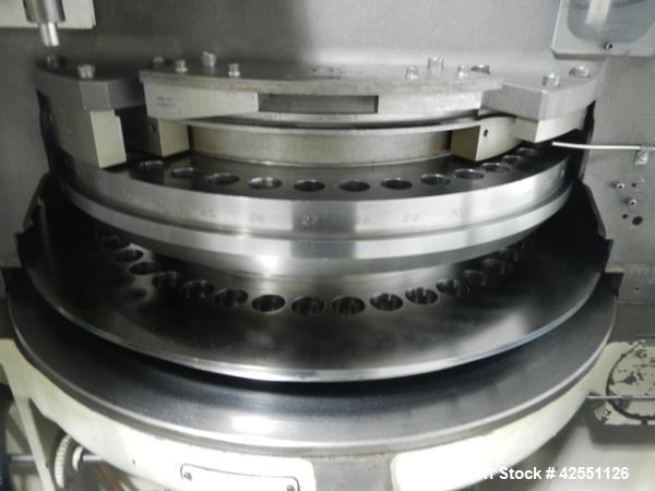 Used Stokes rotary tablet press, model 754, 45 station, 10 ton compression pressure, dual sided, keyed upper punch guides, 3/4" max tablet diameter, 11/16" max depth of fill, force feeders with drive...