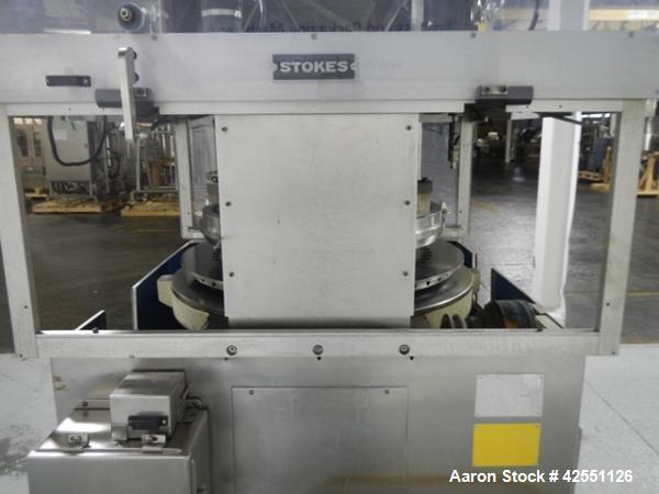 Used Stokes rotary tablet press, model 754, 45 station, 10 ton compression pressure, dual sided, keyed upper punch guides, 3/4" max tablet diameter, 11/16" max depth of fill, force feeders with drive...