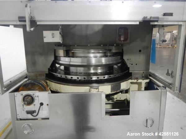 Used Stokes rotary tablet press, model 754, 45 station, 10 ton compression pressure, dual sided, keyed upper punch guides, 3/4" max tablet diameter, 11/16" max depth of fill, force feeders with drive...