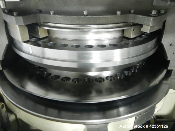 Used Stokes rotary tablet press, model 754, 45 station, 10 ton compression pressure, dual sided, keyed upper punch guides, 3/4" max tablet diameter, 11/16" max depth of fill, force feeders with drive...