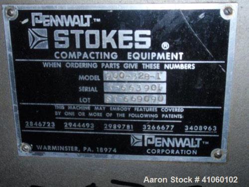 Used Stokes Rotary Tablet Press, model 900-328-1, 33 station, 10 ton compression pressure, keyed upper punch guides, body only.