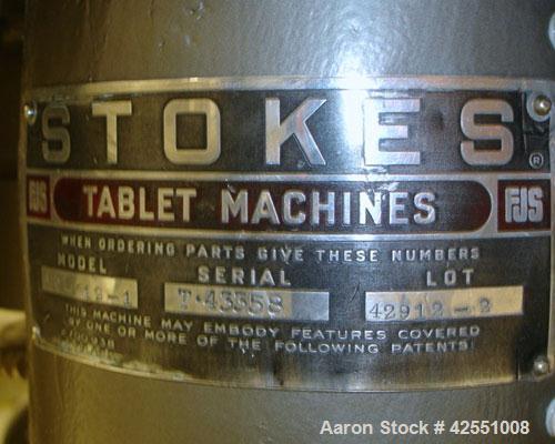 Used Stokes Rotary Tablet Press, Model 900-512-001. 16 Station, 4 ton compression pressure, 5/8" maximum tablet diameter, 11/16" maximum depth of fill, keyed upper punch guides, rated up to 63,000 ta...