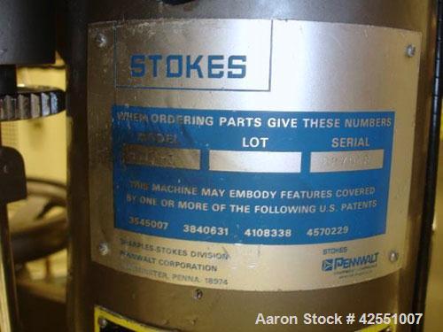 Used Stokes Rotary Tablet Press, Model 900-512-001. 16 Station, 4 ton compression pressure, 5/8" maximum tablet diameter, 11/16" maximum depth of fill, keyed upper punch guides, rated up to 63,000 ta...