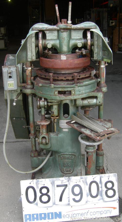 Used F.J. Stokes Rotary Press, Model BB2-900-513-1. 4 Ton max pressure above and below, 27 station. 11/16" max depth fill, 5/8" max diameter of compact. 1-3/16" standard die diameter, compacts 360 to...