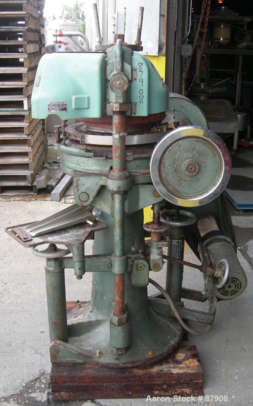 Used F.J. Stokes Rotary Press, Model BB2-900-513-1. 4 Ton max pressure above and below, 27 station. 11/16" max depth fill, 5/8" max diameter of compact. 1-3/16" standard die diameter, compacts 360 to...