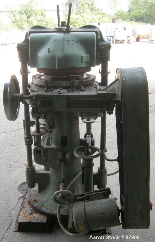 Used F.J. Stokes Rotary Press, Model BB2-900-513-1. 4 Ton max pressure above and below, 27 station. 11/16" max depth fill, 5/8" max diameter of compact. 1-3/16" standard die diameter, compacts 360 to...