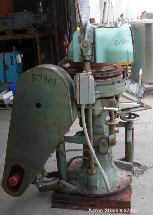 Used F.J. Stokes Rotary Press, Model BB2-900-513-1. 4 Ton max pressure above and below, 27 station. 11/16" max depth fill, 5/8" max diameter of compact. 1-3/16" standard die diameter, compacts 360 to...