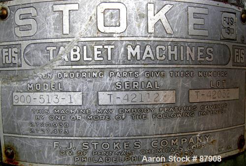 Used F.J. Stokes Rotary Press, Model BB2-900-513-1. 4 Ton max pressure above and below, 27 station. 11/16" max depth fill, 5/8" max diameter of compact. 1-3/16" standard die diameter, compacts 360 to...