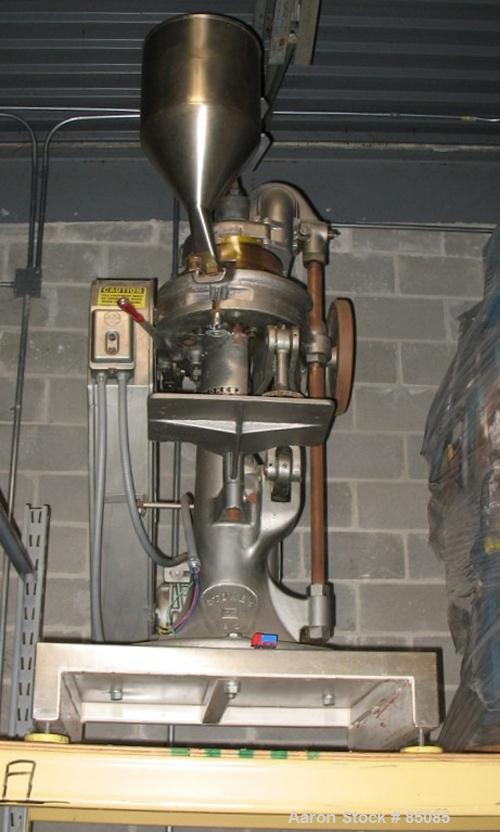 USED: F J Stokes rotary tablet press, model B2, 4 ton max pressure above and below. 16 station max, keyed head. 11/16" max depth fill, 5/8" max diameter of compact. 1-3/16" standard die diameter, com...