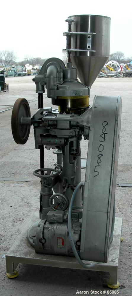 USED: F J Stokes rotary tablet press, model B2, 4 ton max pressure above and below. 16 station max, keyed head. 11/16" max depth fill, 5/8" max diameter of compact. 1-3/16" standard die diameter, com...