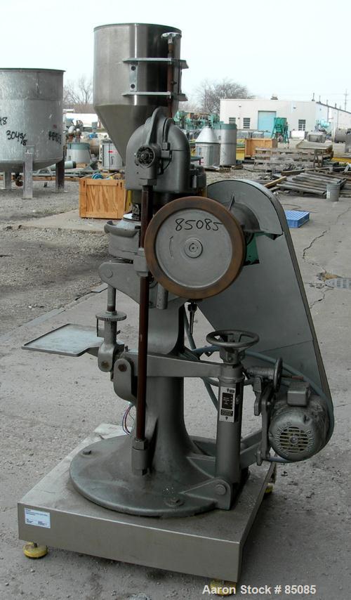 USED: F J Stokes rotary tablet press, model B2, 4 ton max pressure above and below. 16 station max, keyed head. 11/16" max depth fill, 5/8" max diameter of compact. 1-3/16" standard die diameter, com...