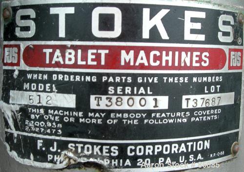 USED: F J Stokes rotary tablet press, model B2, 4 ton max pressure above and below. 16 station max, keyed head. 11/16" max depth fill, 5/8" max diameter of compact. 1-3/16" standard die diameter, com...
