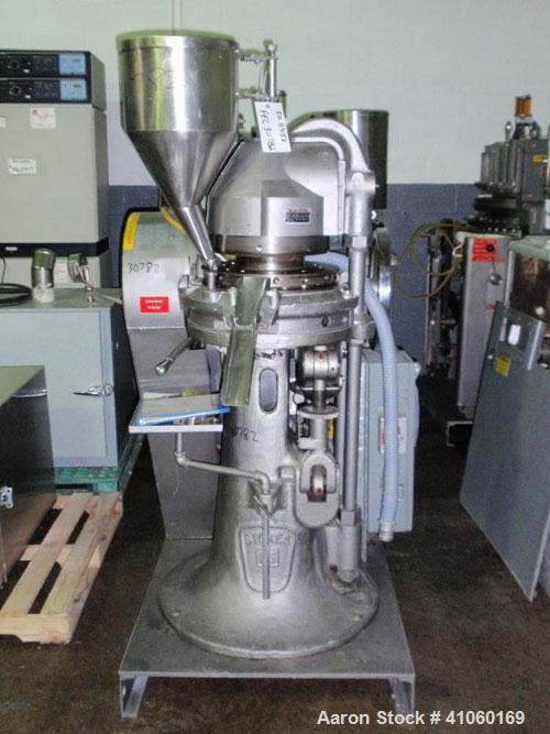 Used Stokes Rotary Tablet Press, Model D3-15. 15 station, keyed upper punch guide, 7 ton compression pression, 15/16" max tablet diameter, 13/16" max depth of fill with feed frame and hopper. Driven ...