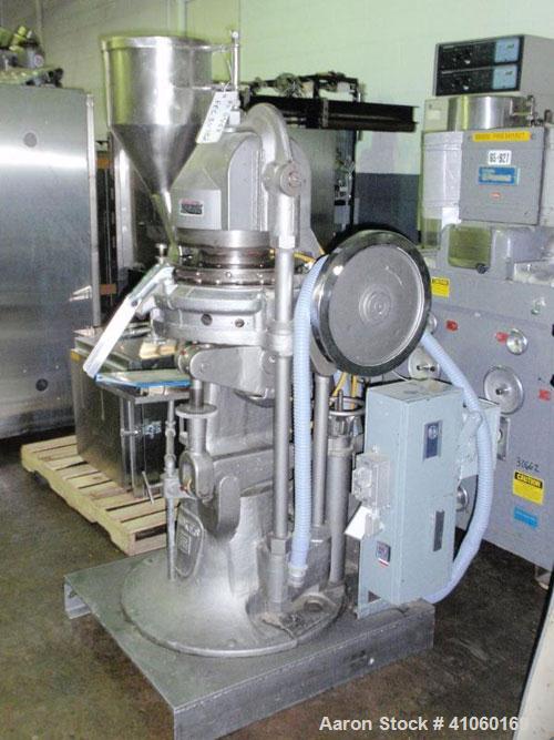 Used Stokes Rotary Tablet Press, Model D3-15. 15 station, keyed upper punch guide, 7 ton compression pression, 15/16" max tablet diameter, 13/16" max depth of fill with feed frame and hopper. Driven ...