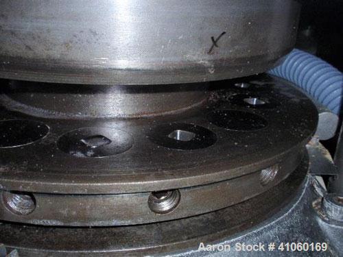 Used Stokes Rotary Tablet Press, Model D3-15. 15 station, keyed upper punch guide, 7 ton compression pression, 15/16" max tablet diameter, 13/16" max depth of fill with feed frame and hopper. Driven ...