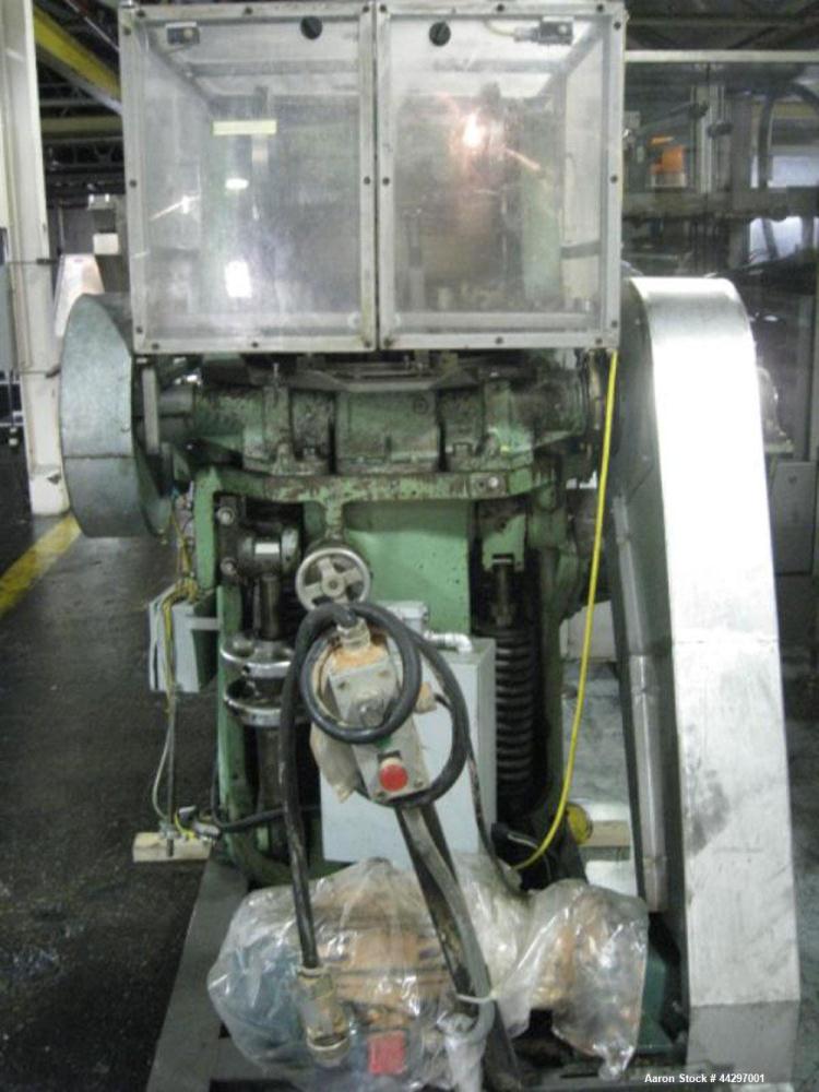 Used Stokes DD2 Rotary Tablet Press. 23 Station, 15 ton compression pressure, 1 3/16" max tablet diameter, 1 3/8" depth of fill, keyed upper punch guides, dual sided with feed frames, rated up to 720...