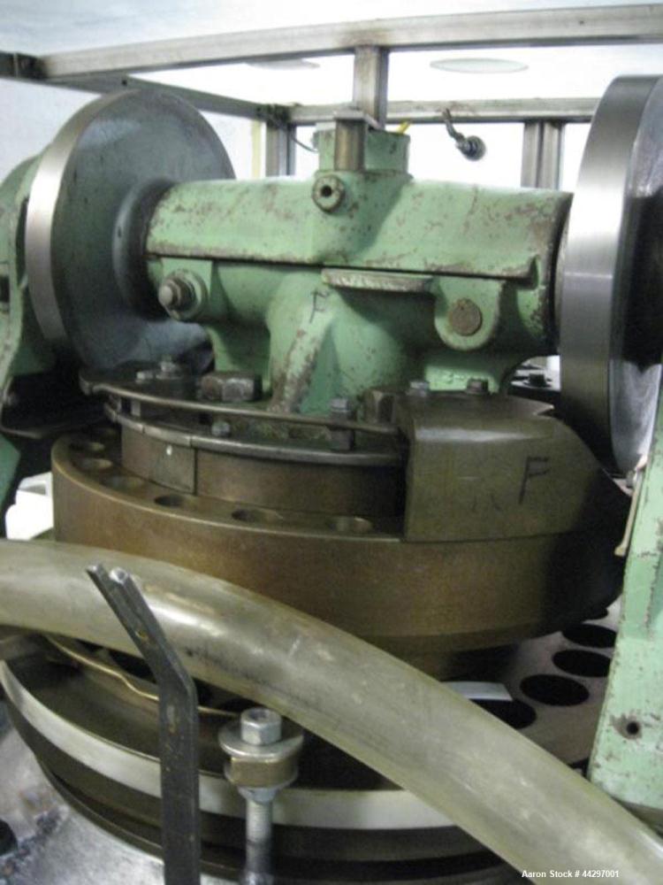 Used Stokes DD2 Rotary Tablet Press. 23 Station, 15 ton compression pressure, 1 3/16" max tablet diameter, 1 3/8" depth of fill, keyed upper punch guides, dual sided with feed frames, rated up to 720...