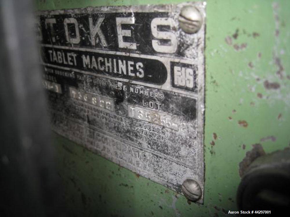 Used Stokes DD2 Rotary Tablet Press. 23 Station, 15 ton compression pressure, 1 3/16" max tablet diameter, 1 3/8" depth of fill, keyed upper punch guides, dual sided with feed frames, rated up to 720...