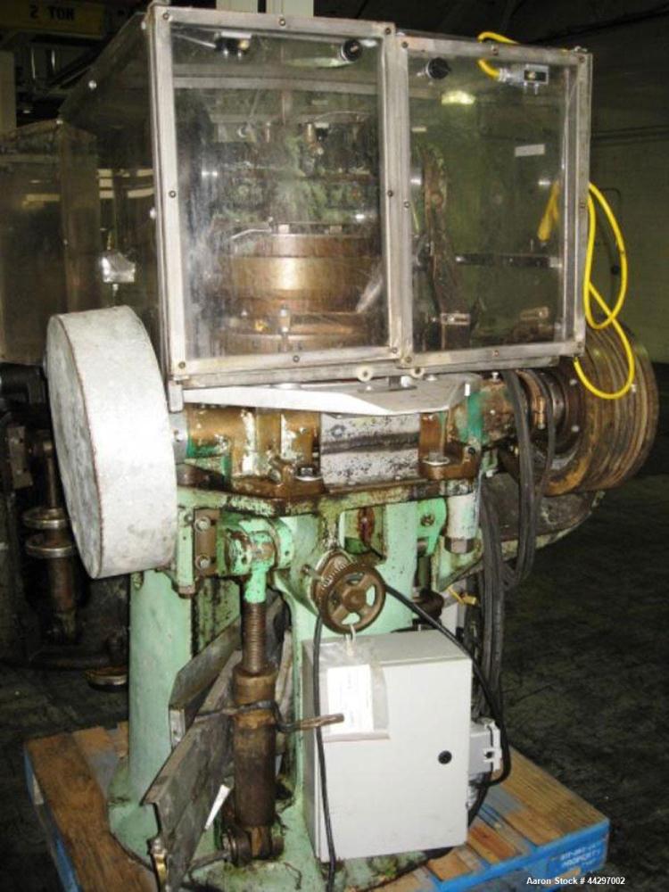 Used Stokes DD2 Rotary Tablet Press. 23 Station, 15 ton compression pressure, 1 3/16" max tablet diameter, 1 3/8" depth of fill, keyed upper punch guides, dual sided with feed frames, rated up to 720...