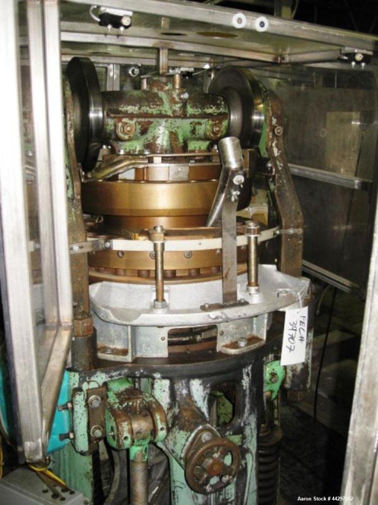Used Stokes DD2 Rotary Tablet Press. 23 Station, 15 ton compression pressure, 1 3/16" max tablet diameter, 1 3/8" depth of fill, keyed upper punch guides, dual sided with feed frames, rated up to 720...