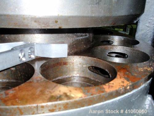 Used Stokes Single Sided Rotary Tablet Press, Model DDS-2 (557). 11 station, approximately 15 tons operating pressure. 3-1/2" maximum tablet diameter. Adjustable depth of fill 3/4" to 2-1/16". Output...
