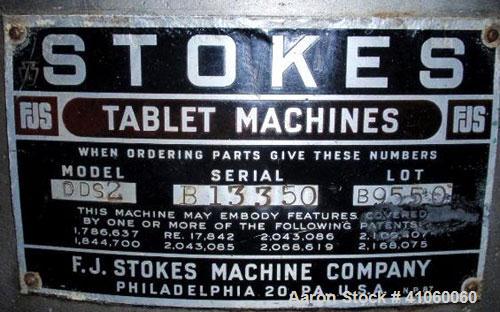 Used Stokes Single Sided Rotary Tablet Press, Model DDS-2 (557). 11 station, approximately 15 tons operating pressure. 3-1/2" maximum tablet diameter. Adjustable depth of fill 3/4" to 2-1/16". Output...